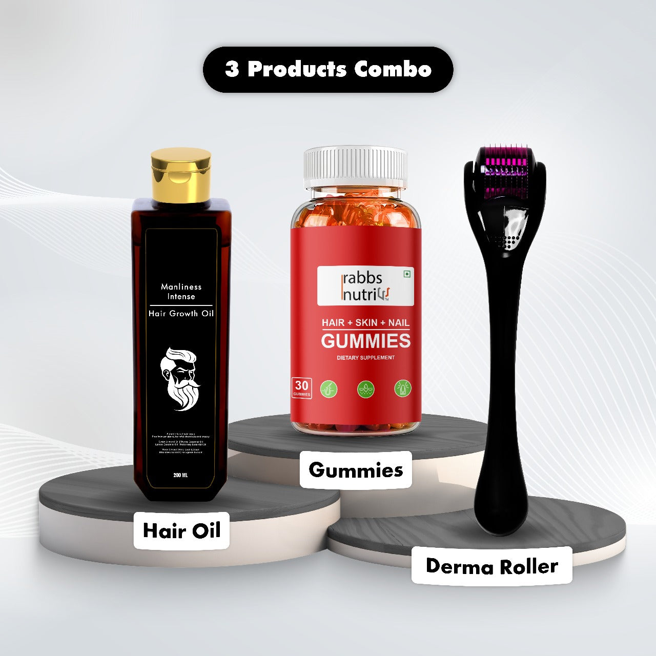 8. COMBO MANLINESS HAIR OIL*DERMAROLLER #*RABBS NUTRI HAIR SKIN AND NAILS GUMMIES COMBO(Pack of 3)