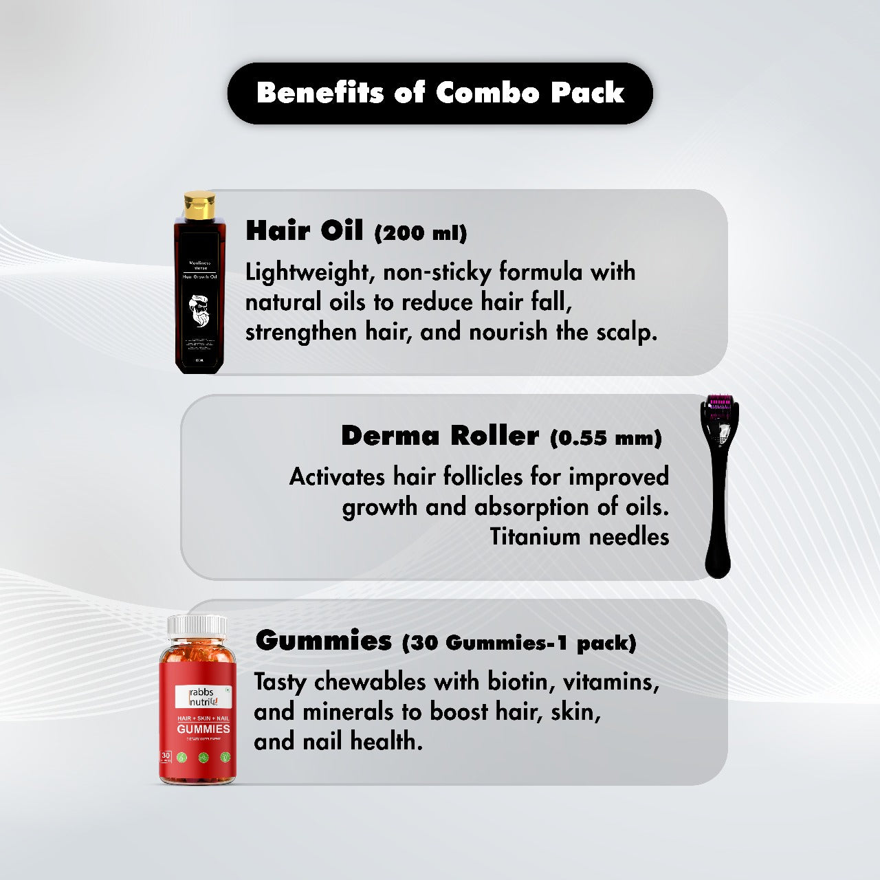 8. COMBO MANLINESS HAIR OIL*DERMAROLLER #*RABBS NUTRI HAIR SKIN AND NAILS GUMMIES COMBO(Pack of 3)