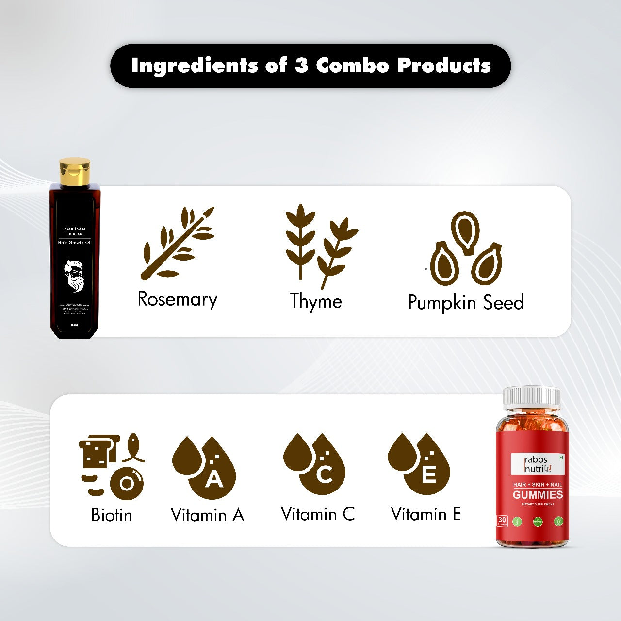 8. COMBO MANLINESS HAIR OIL*DERMAROLLER #*RABBS NUTRI HAIR SKIN AND NAILS GUMMIES COMBO(Pack of 3)