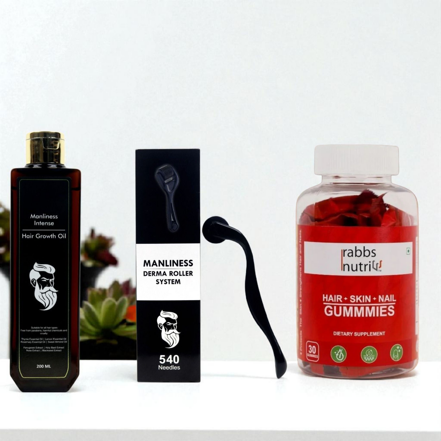 8. COMBO MANLINESS HAIR OIL*DERMAROLLER #*RABBS NUTRI HAIR SKIN AND NAILS GUMMIES COMBO(Pack of 3)